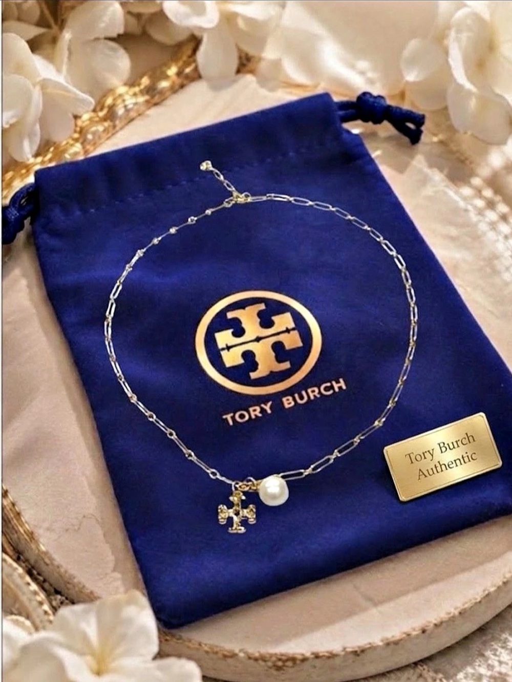 Authentic Tory Burch Gold & Pearl Charm Necklace